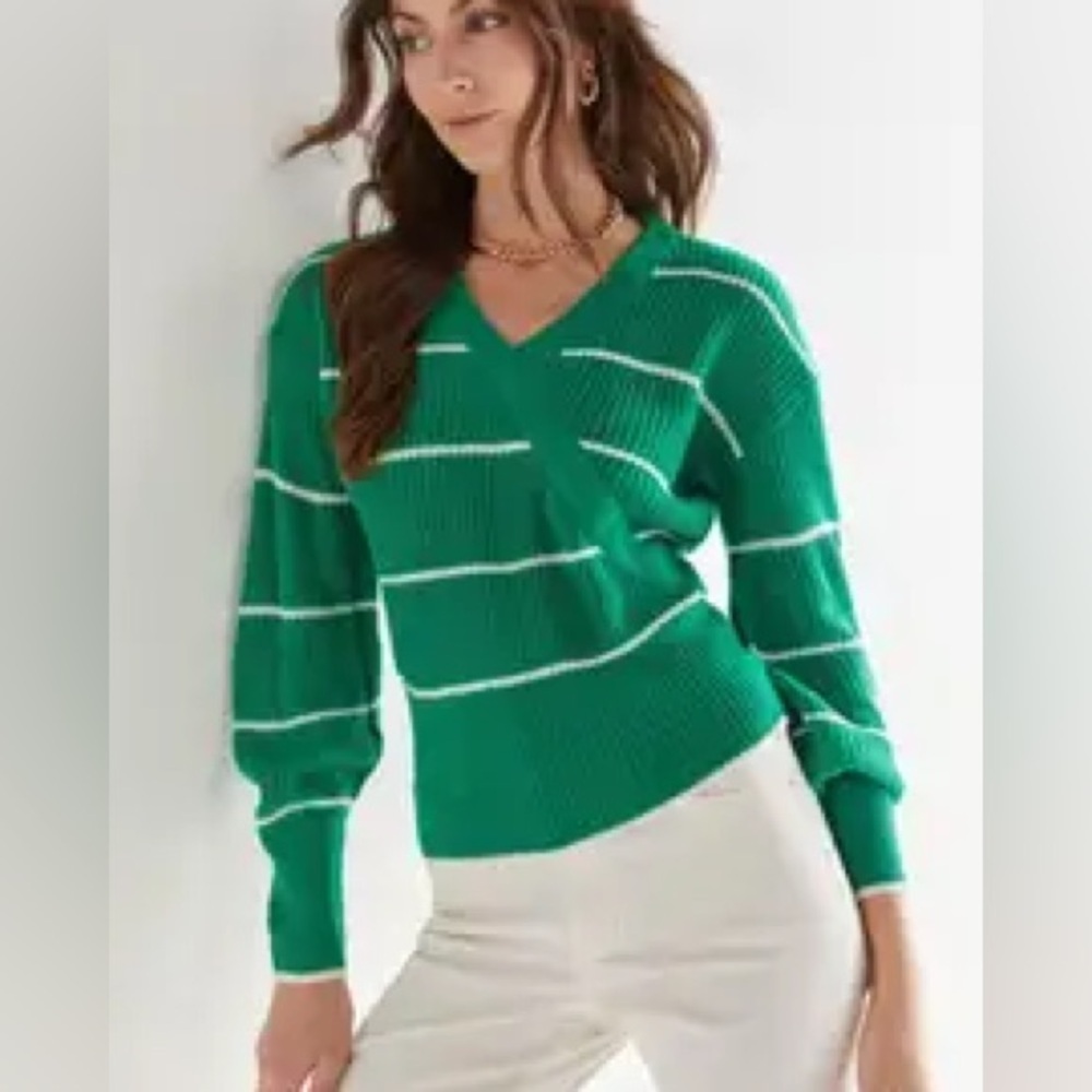 FCT WITH LOVE | Green & White Striped V-Neck Sweater, Size L